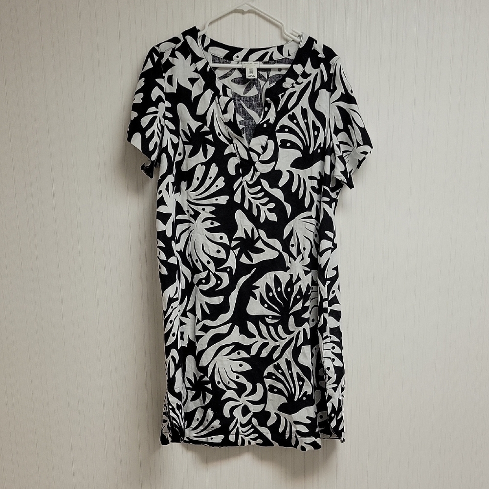 Rachel Zoe 100% Linen Black White Short Sleeve Dress Sz 1X Knee Length